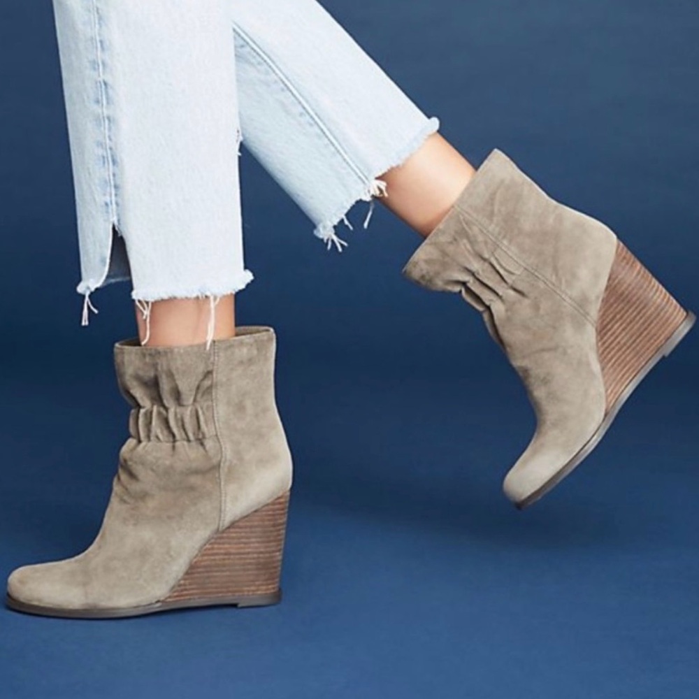 Anthropologie Splendid Rebecca Mid Calf Wedge Boot Smoke Gray Suede Size 6.5